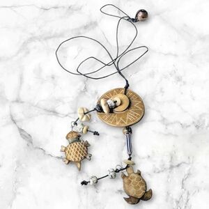 Adjustable Intricate Leather Turtle, Stone And Bead Artisan Necklace